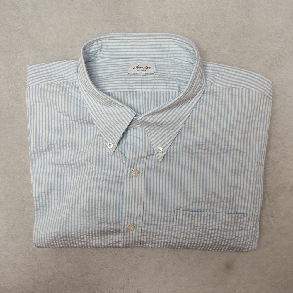 Hamilton Shirt Mens 2XL Blue Striped Seersucker Button-Up Long Sleeve Collared